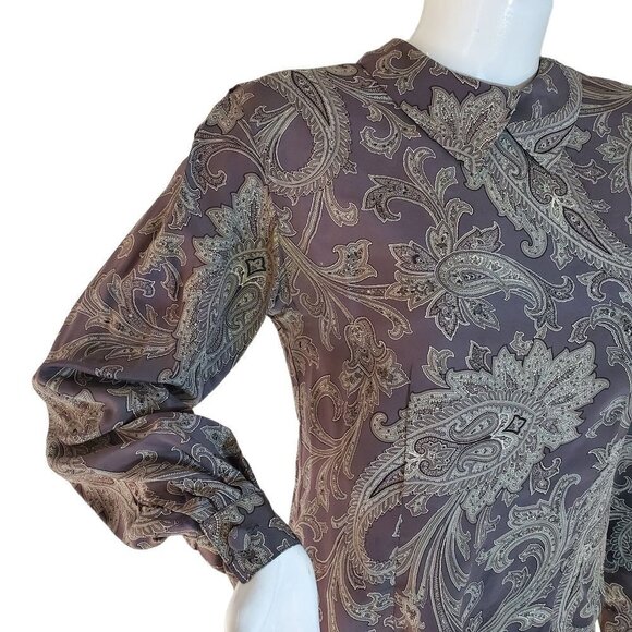 1980s Gray Silk Blouse Jones NY Petite Top Paisley Cover Button Collared Women 6 - Picture 6 of 10